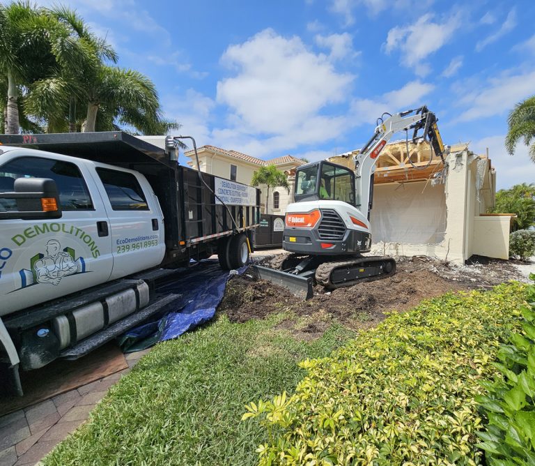 Same-day dumpster rental from Eco Demolitions, delivered on site to facilitate the clean-up of a selective demolition project.