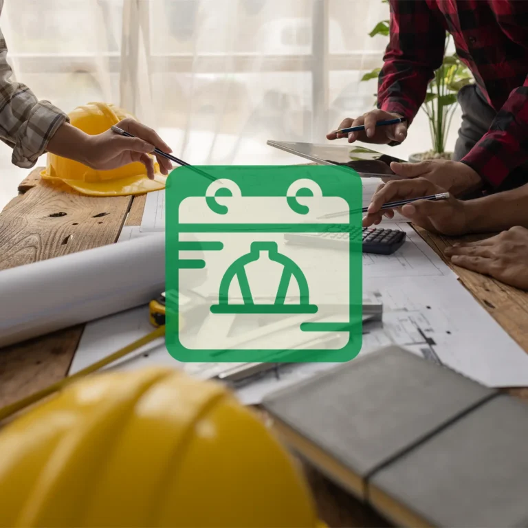 Seasonal Home Maintenance: When to Schedule Demolition or Cleanup Services in SWFL. Featuring a photo of contractors standing around a table with hardhats and blueprints. A calendar icon with a hardhat is superimposed on the table.